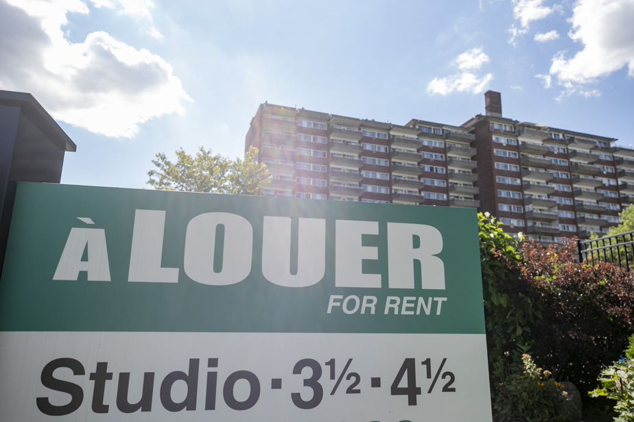 一块写着「À LOUER / FOR RENT，Studio · 3½ · 4½」的招租牌，背后是一栋高层出租公寓楼